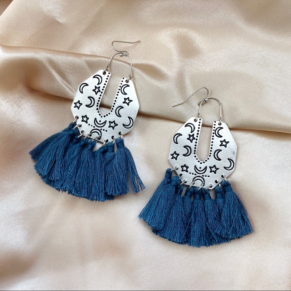 Moon and Star Crescent Tassels Earrings - Picture 7 of 12